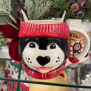 Christmas Dog Husky Holiday Figural Stoneware 20oz Coffee Mug NWT